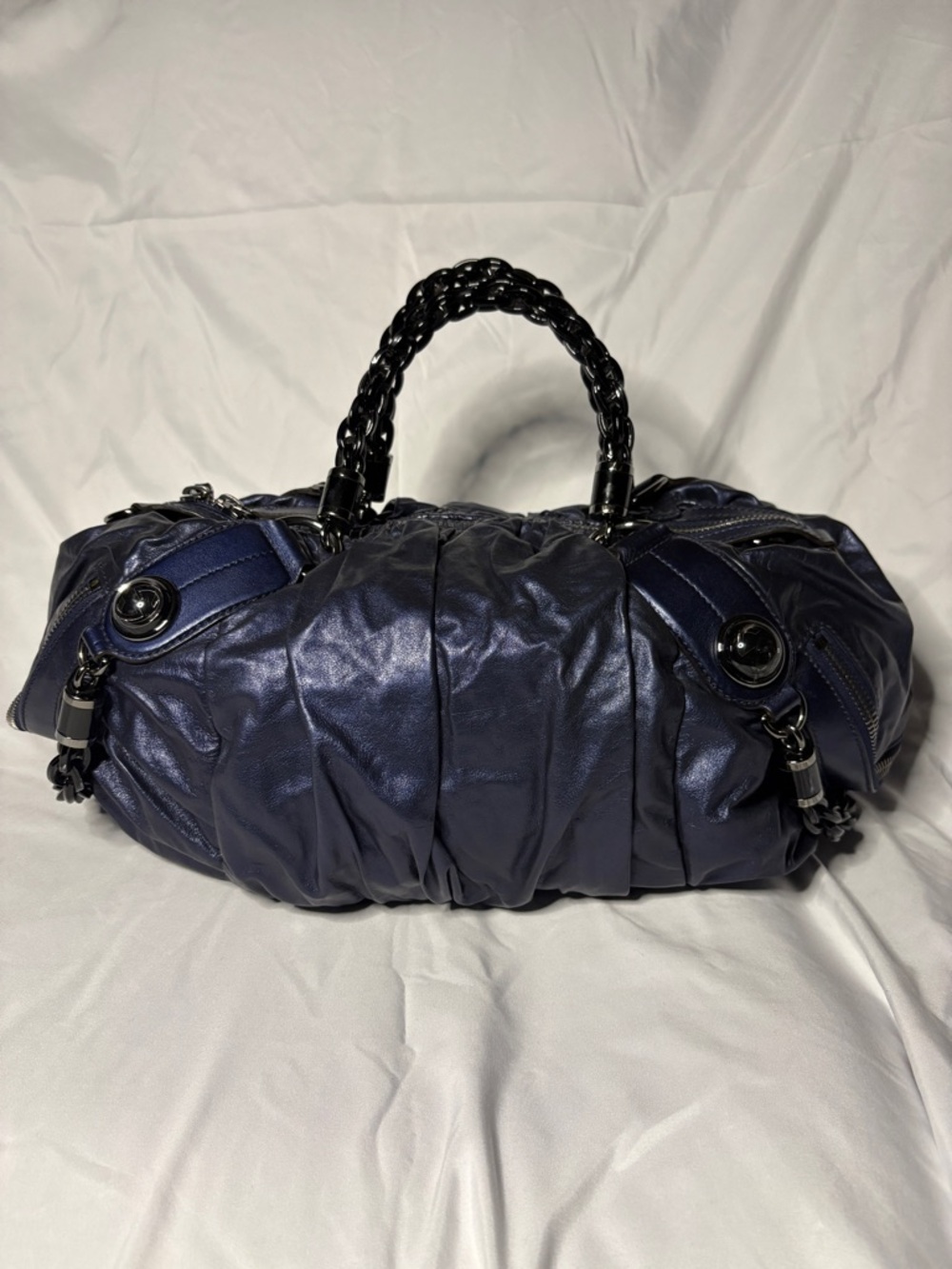 Gucci Navy Metallic Ruched Leather Satchel with Braided Handles